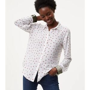 Loft Women's White Red Green Berry Velvet Cuff Button Blouse Size Small